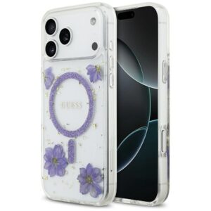 GUESS case for IPHONE 17 Pro Max compatible with MagSafe GUHMP17XRBFGFGMU (Resin Flowers and Glitter) purple