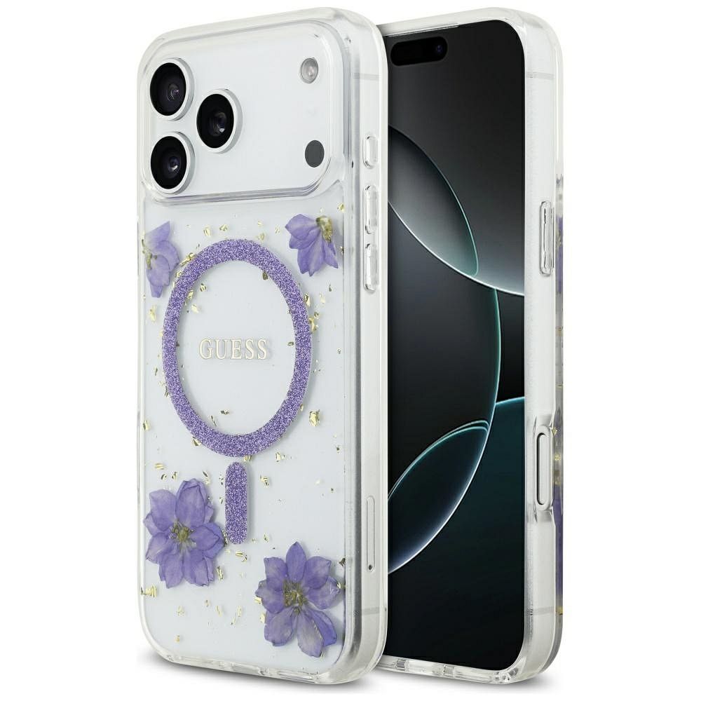 95e910be22d37e06f8ca4b0c144913e3 GUESS case for IPHONE 17 Pro Max compatible with MagSafe GUHMP17XRBFGFGMU (Resin Flowers and Glitter) purple