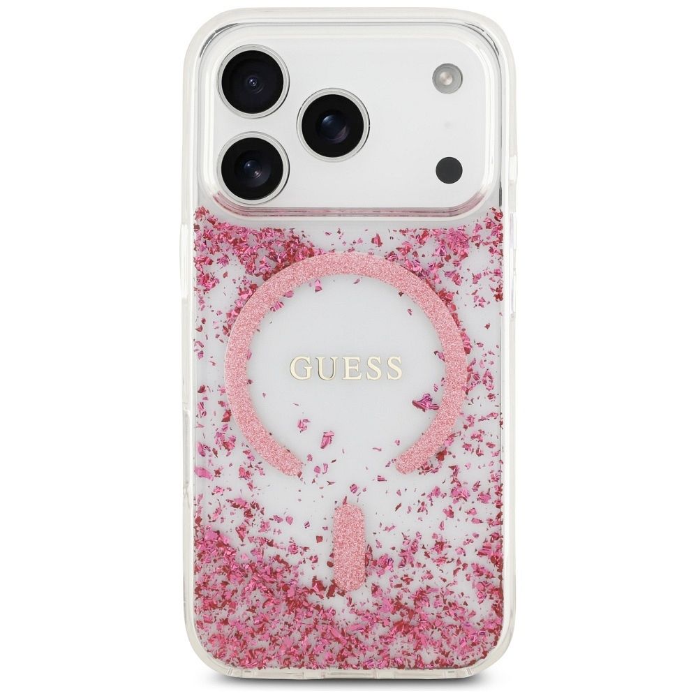 9812a0e2d4517e2e43dbe77aab89de0a GUESS case for IPHONE 17 Pro compatible with MagSafe GUHMP17LRGRGEP (Resin Bottom Glitter) pink