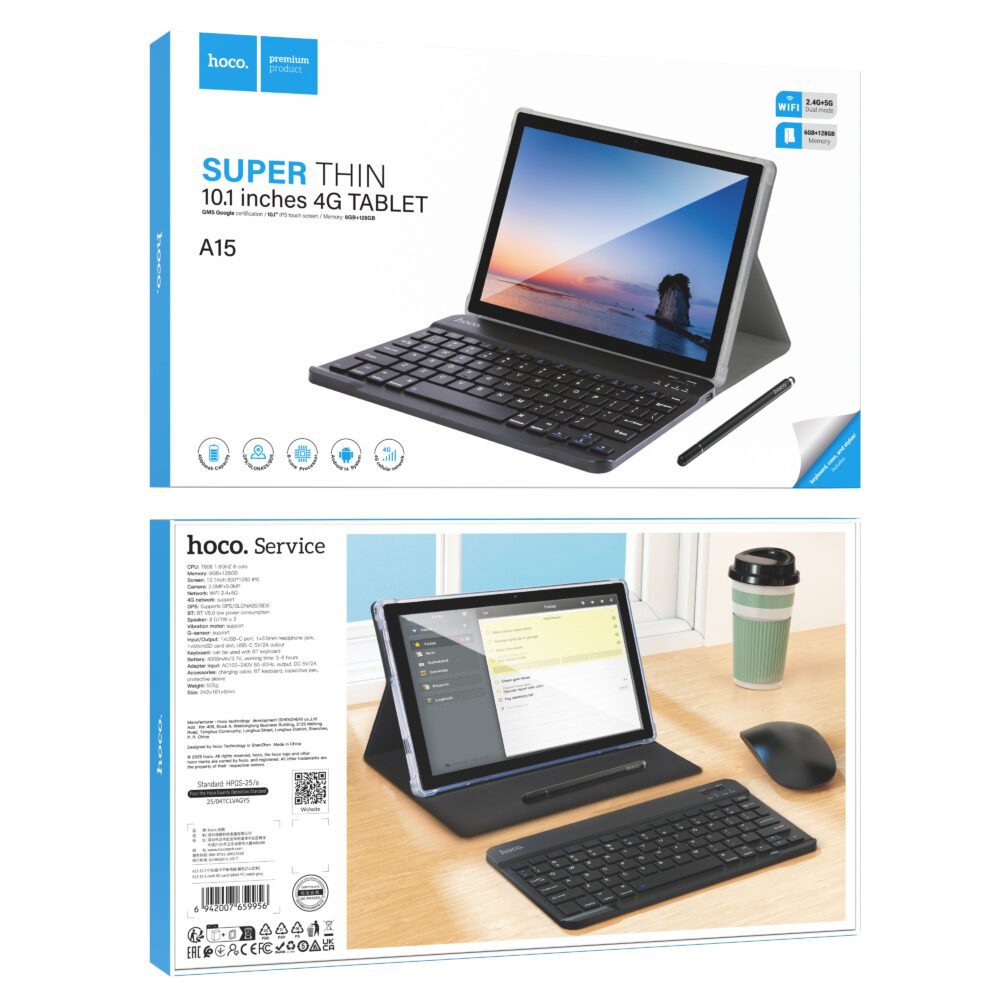 Tablet 10.1" 6GB/128GB Hoco HD Wi-Fi/4G/BT 5.0 Android 14 A15 metal gray