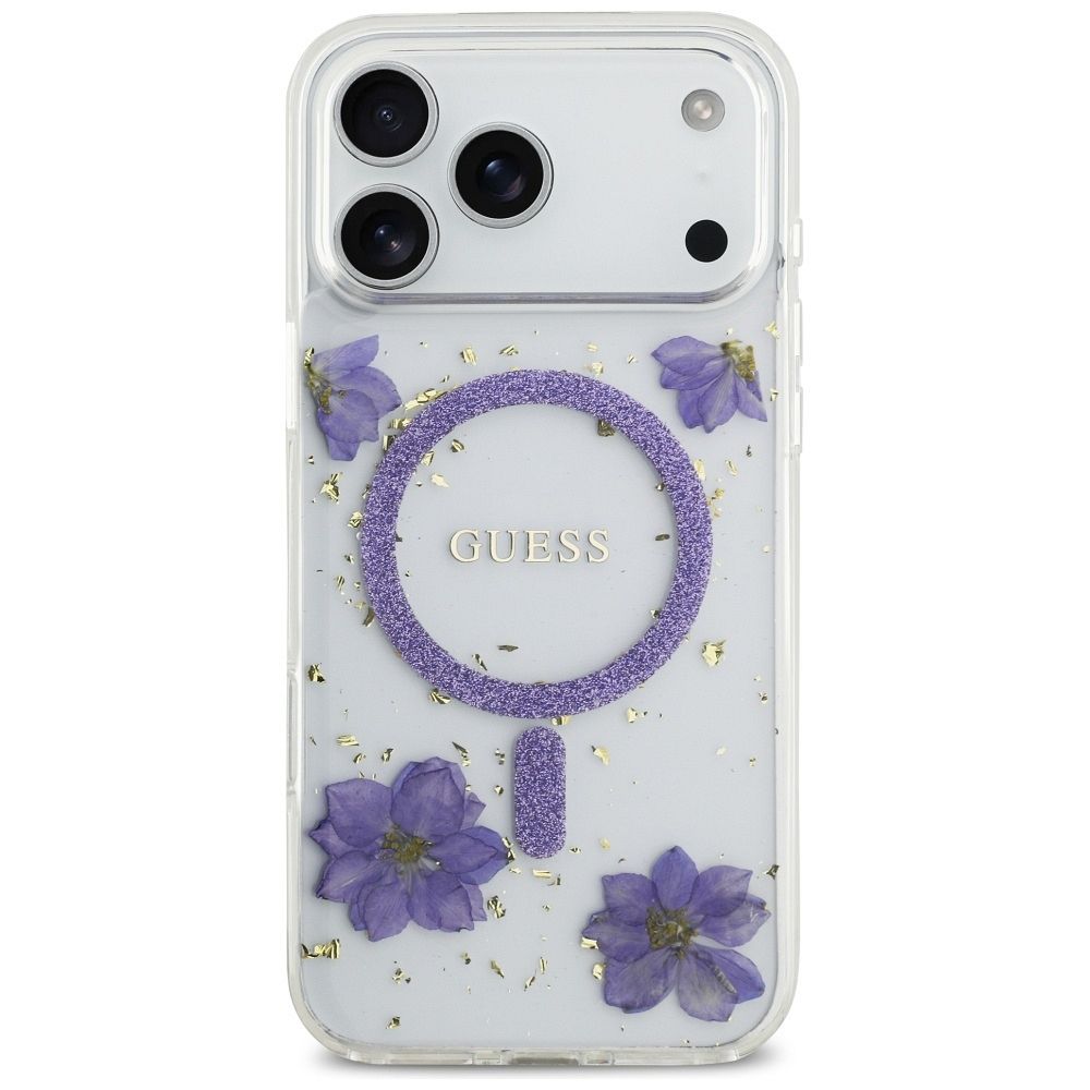 98b95579149cbd81a7f6ed5e25fe502a GUESS case for IPHONE 17 Pro Max compatible with MagSafe GUHMP17XRBFGFGMU (Resin Flowers and Glitter) purple
