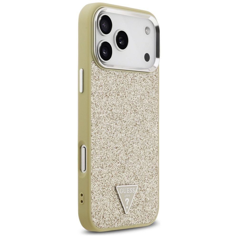 991fb57f3acf424f8627251547f4cf4d GUESS case for IPHONE 17 Pro Max compatible with MagSafe GUHMP17XPFGTSCMD (PU Glitter W/ Triangle Logo) gold