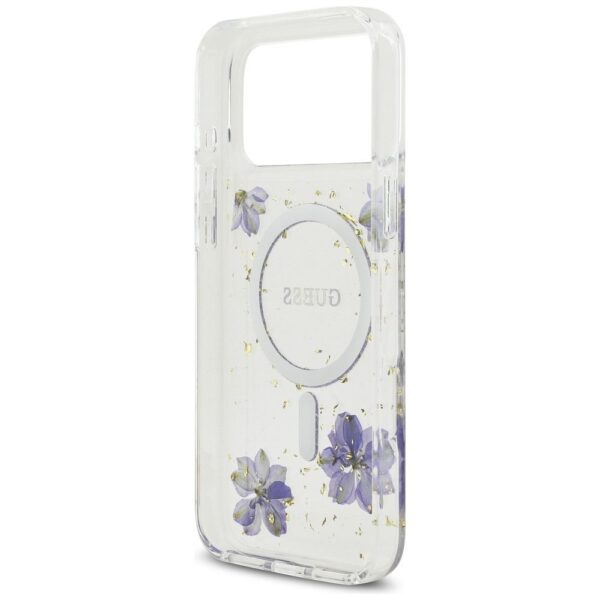 GUESS case for IPHONE 17 Pro Max compatible with MagSafe GUHMP17XRBFGFGMU (Resin Flowers and Glitter) purple