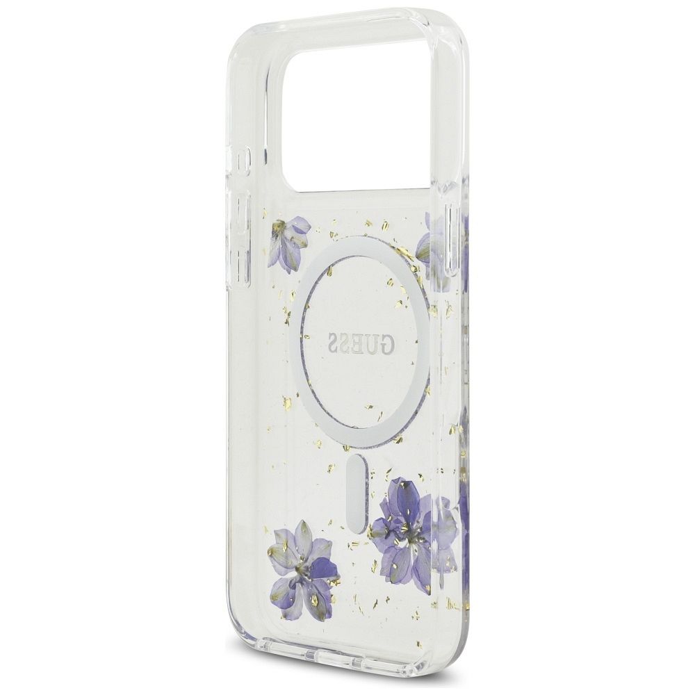 9b4ff35436f1b8b83bb182b9f3305b83 GUESS case for IPHONE 17 Pro Max compatible with MagSafe GUHMP17XRBFGFGMU (Resin Flowers and Glitter) purple