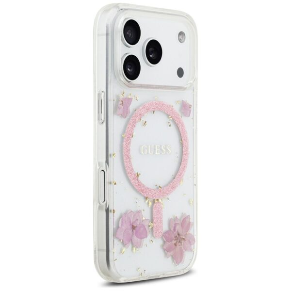 GUESS case for IPHONE 17 Pro compatible with MagSafe GUHMP17LRBFGFGMP (Resin Flowers and Glitter) pink