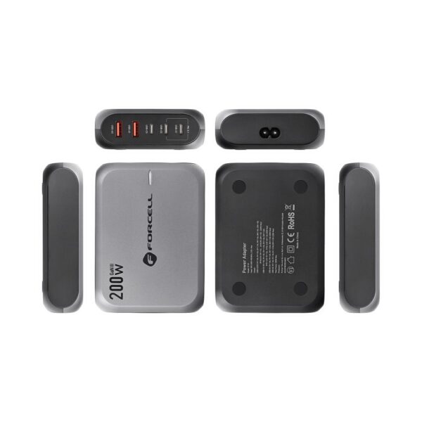 FORCELL F-ENERGY GaN III VT-51 desktop charger 3 x Typ C + 2 x USB A PD QC4.0 SFC2.0 5A 200W gray