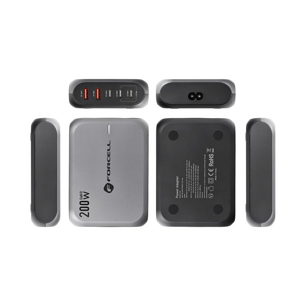 FORCELL F-ENERGY GaN III VT-51 desktop charger 3 x Typ C + 2 x USB A PD QC4.0 SFC2.0 5A 200W gray