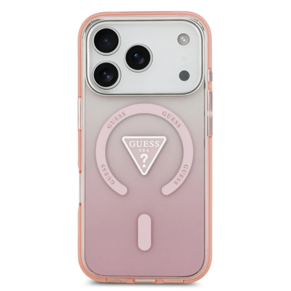 GUESS case for IPHONE 17 Pro compatible with MagSafe GUHMP17LHGTMLCGP (IML Gradient W/ Triangle Logo) pink