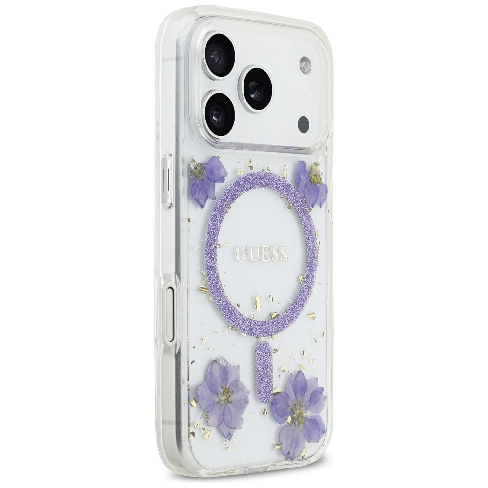 abdc2dd0c1d4bd497f04fd2e81878602 GUESS case for IPHONE 17 Pro compatible with MagSafe GUHMP17LRBFGFGMU (Resin Flowers and Glitter) purple