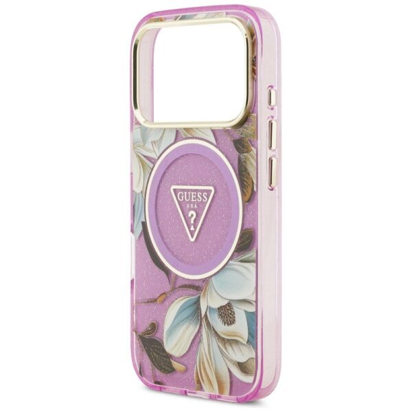 GUESS case for IPHONE 17 Pro compatible with MagSafe GUHMP17LHFLPEDU (IML Metal Glitter Flowers Triangle) purple
