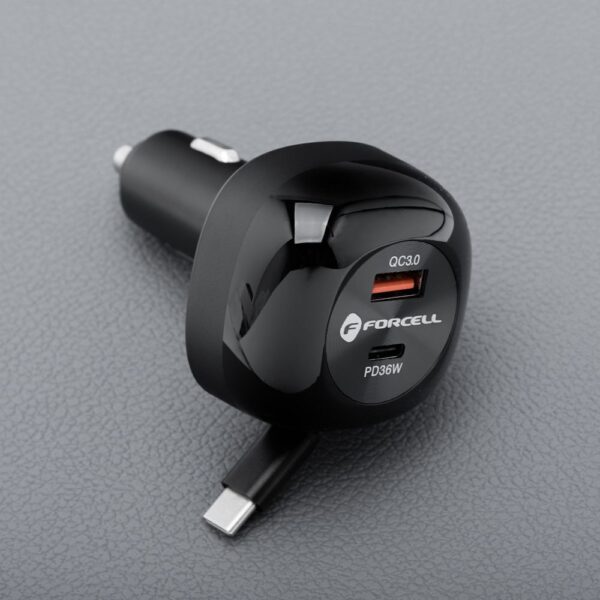 FORCELL F-ENERGY Alu car charger with retractable cable Type C and Type C + USB A sockets PD QC4.0 SFC2.0 3A 75W black