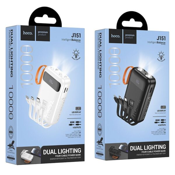 b03d1dba47a66961c353045eab1f366f Powerbank Hoco 10000 mAh with built-in cables USB A + USB C+ Lightning + Micro USB and double light J151 black