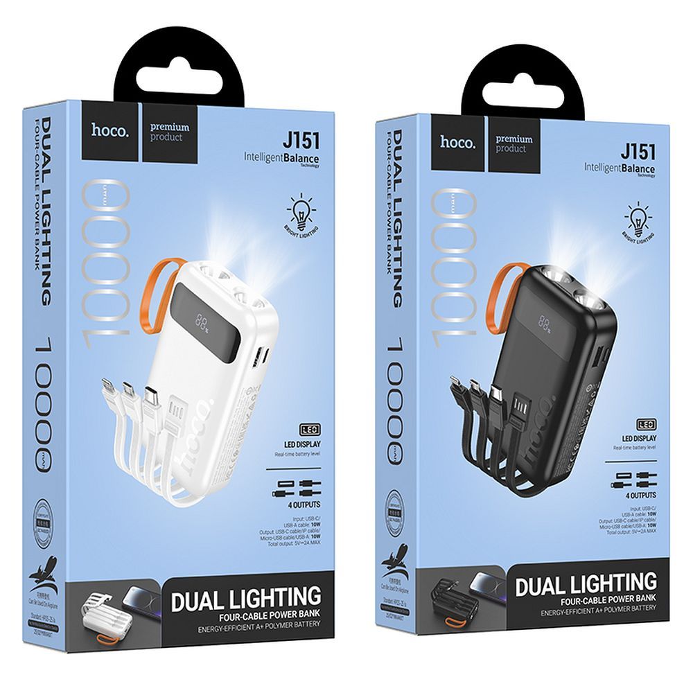 b03d1dba47a66961c353045eab1f366f Powerbank Hoco 10000 mAh with built-in cables USB A + USB C+ Lightning + Micro USB and double light J151 black