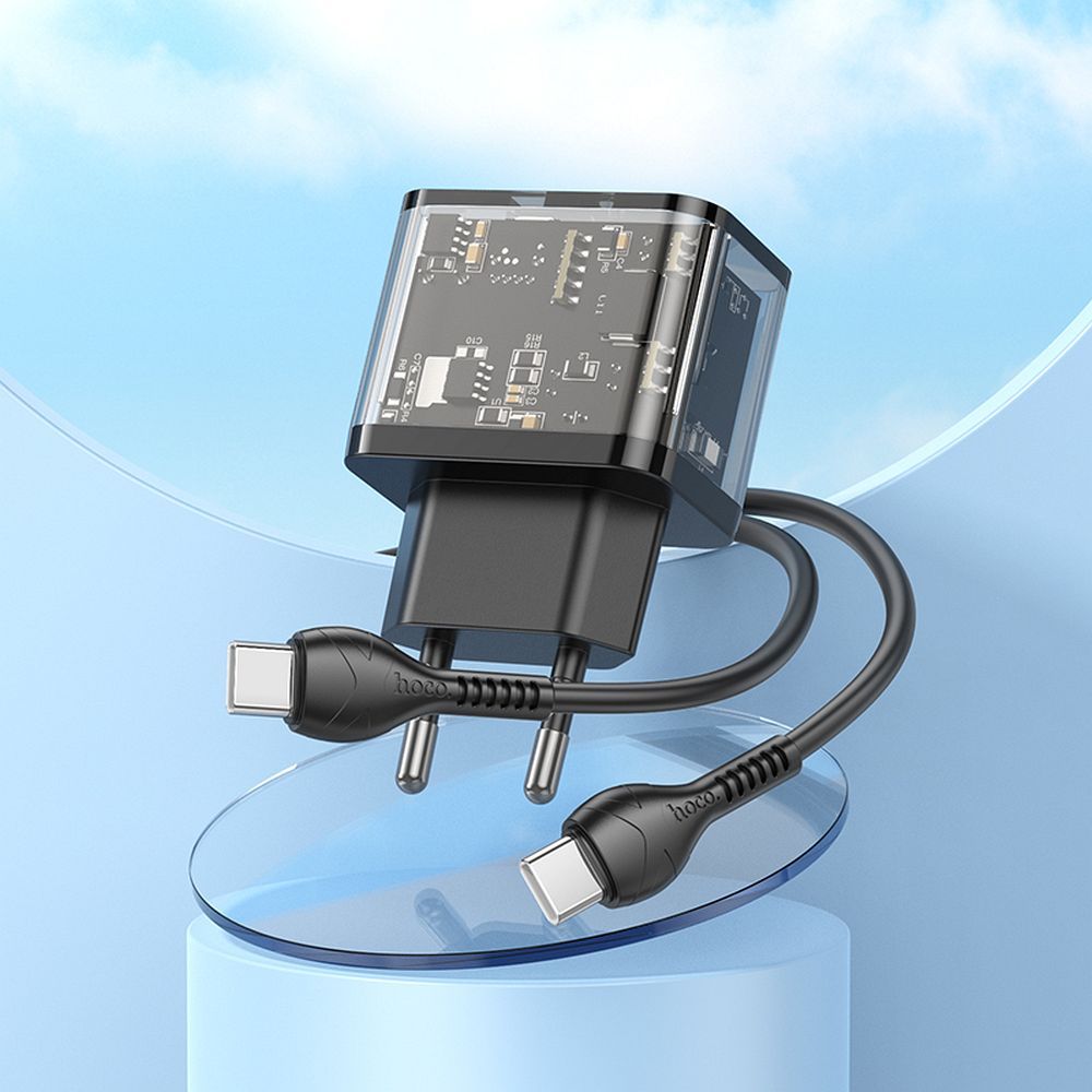 HOCO wall charger USB A + Type C + cable Type C to Type C PD QC3.0 3A 20W N34 transparnent