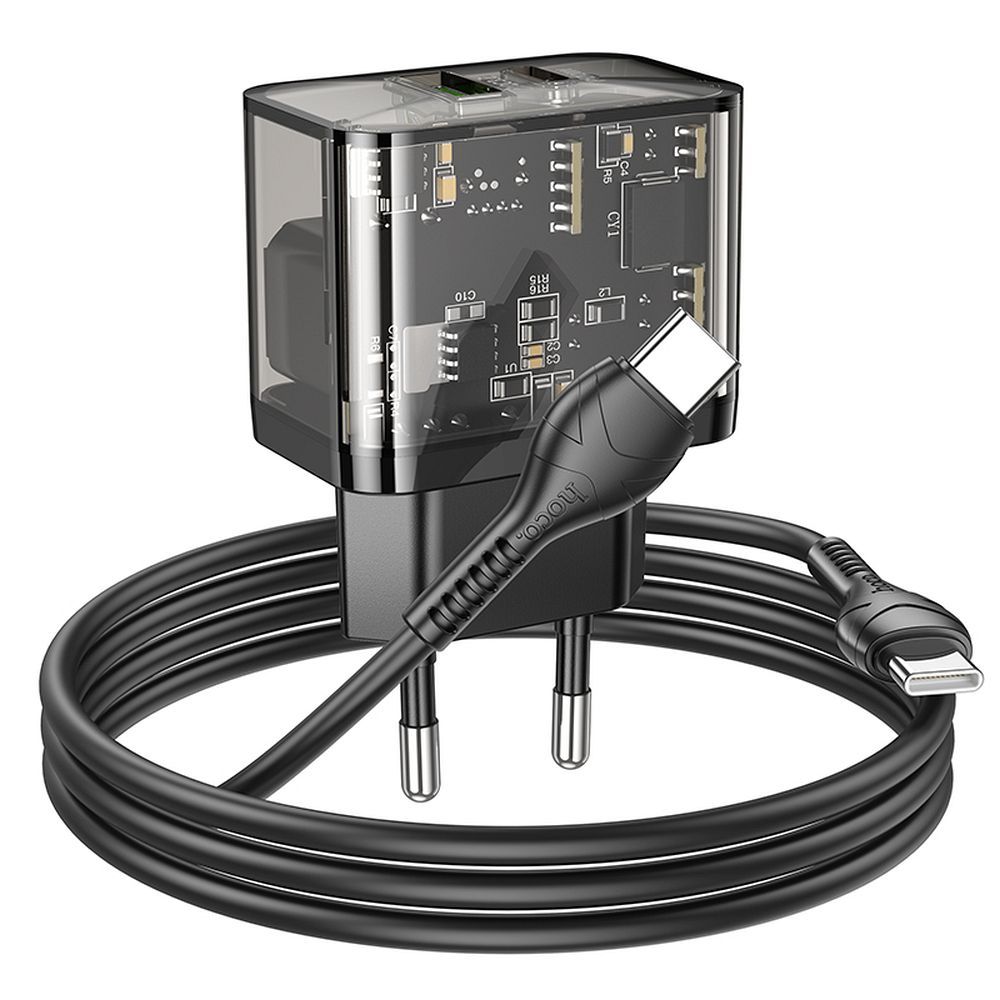 HOCO wall charger USB A + Type C + cable Type C to Type C PD QC3.0 3A 20W N34 transparnent