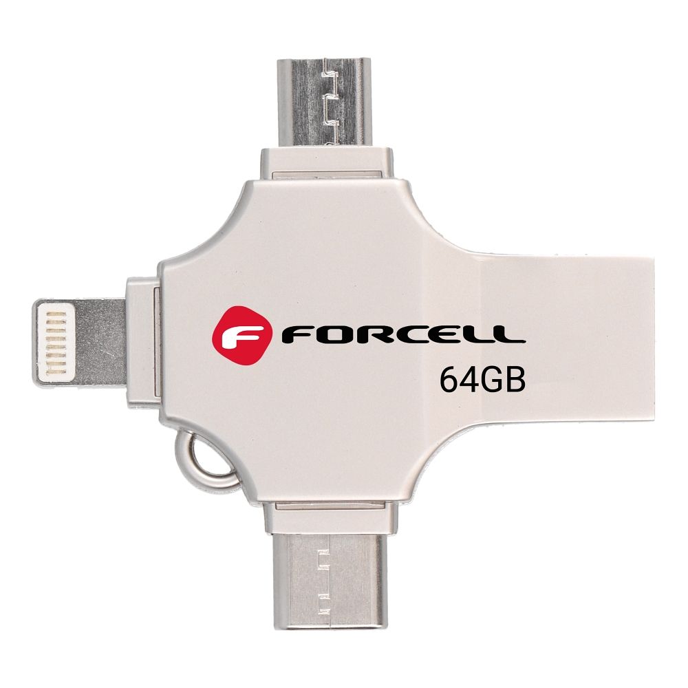 FORCELL F-DATA pendrive Metal Quad 64GB USB3.2 Gen 1 (USB A / Type C / Lightning / Micro USB) silver