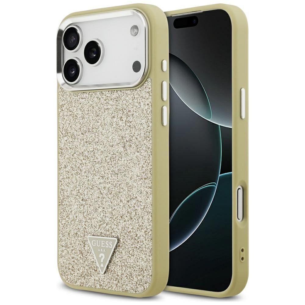 b6edb0f7a4ce27a59aad342430abfe9a GUESS case for IPHONE 17 Pro Max compatible with MagSafe GUHMP17XPFGTSCMD (PU Glitter W/ Triangle Logo) gold