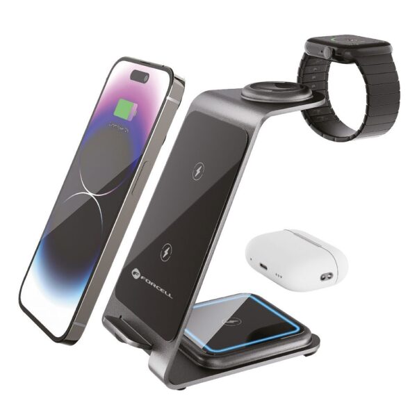 Forcell F-ENERGY Simply Charge 3in1 aluminium compatible with Apple Watch and Samsung Watch grey