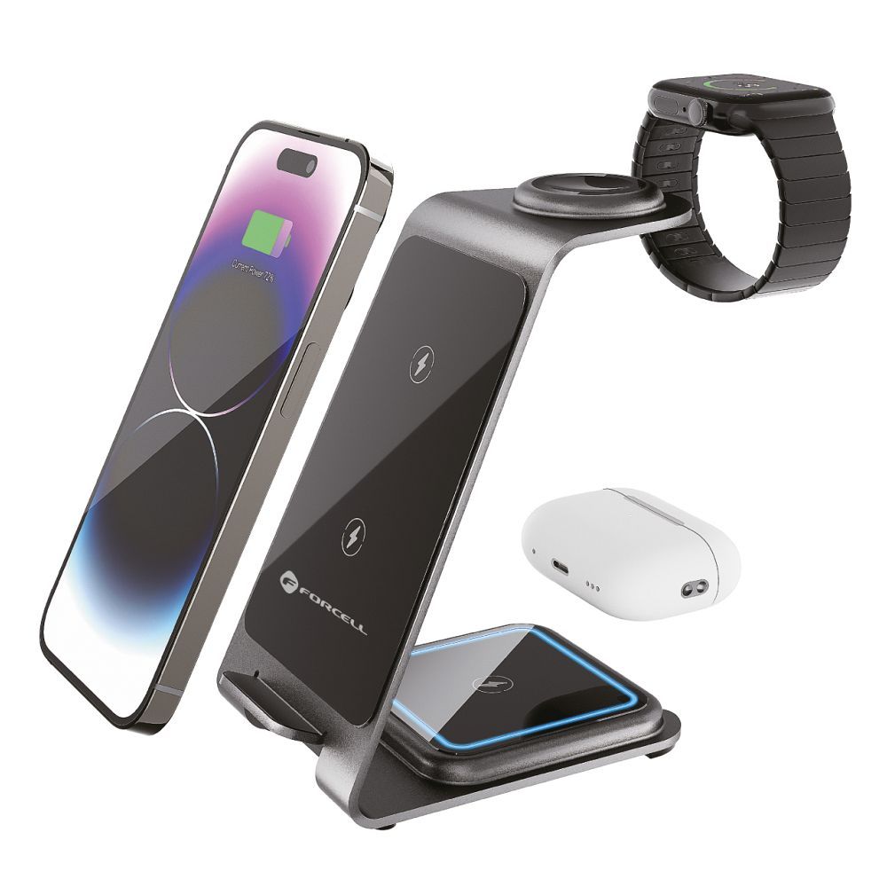 Forcell F-ENERGY Simply Charge 3in1 aluminium compatible with Apple Watch and Samsung Watch grey