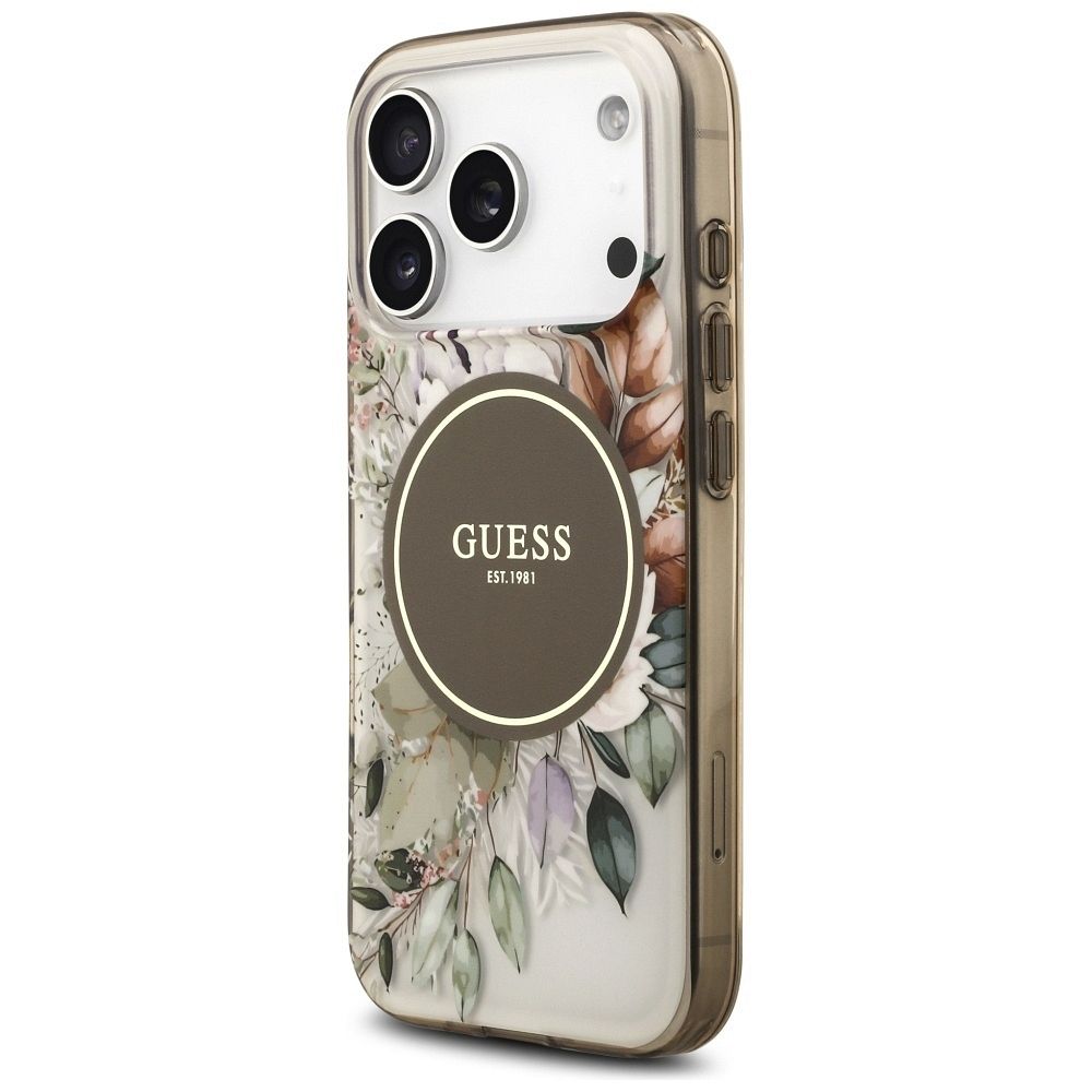 b9910aef9bef2745a7a4efae840a232a GUESS case for IPHONE 17 Pro Max compatible with MagSafe GUHMP17XHFWBDCEW (IML Flower & Tonal Circle) brown