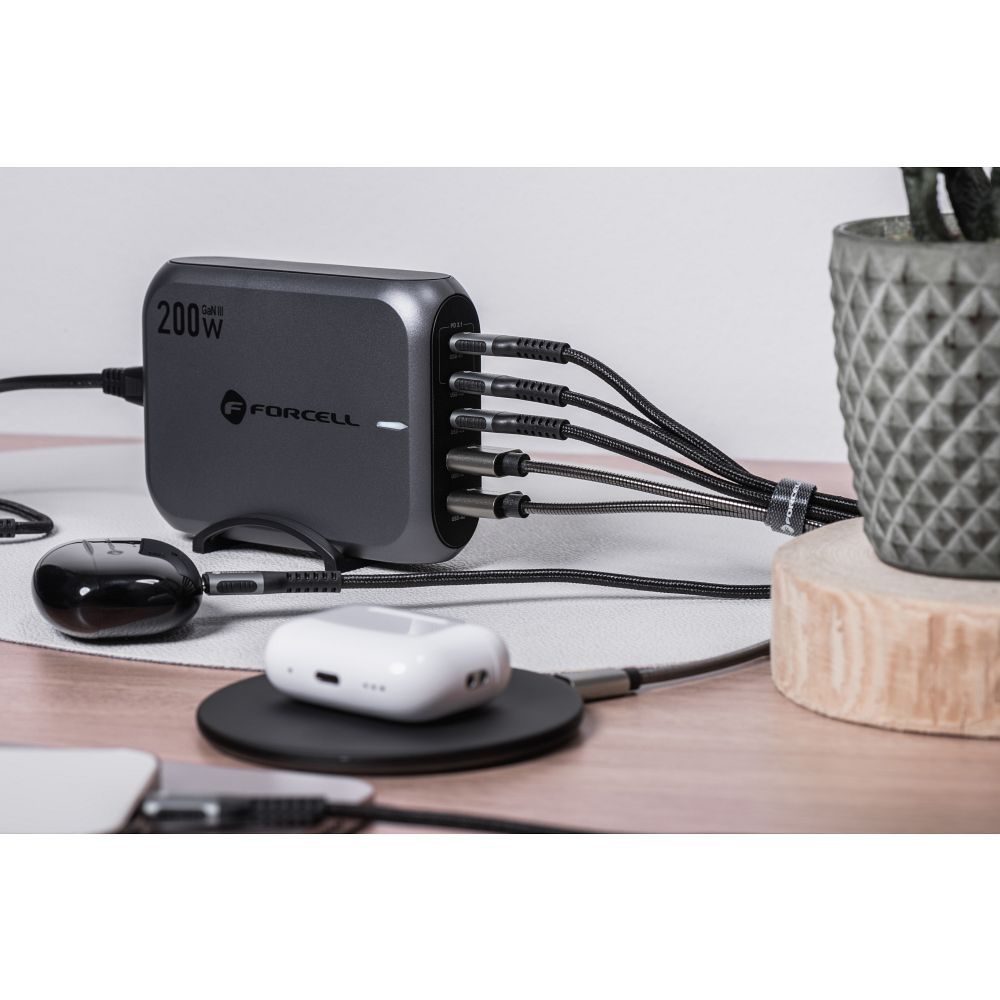 FORCELL F-ENERGY GaN III VT-51 desktop charger 3 x Typ C + 2 x USB A PD QC4.0 SFC2.0 5A 200W gray