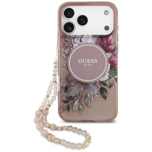 GUESS case for IPHONE 17 Pro Max compatible with MagSafe GUHMP17XHFWBRCESP (IML Flowers with Pearl Strap) pink