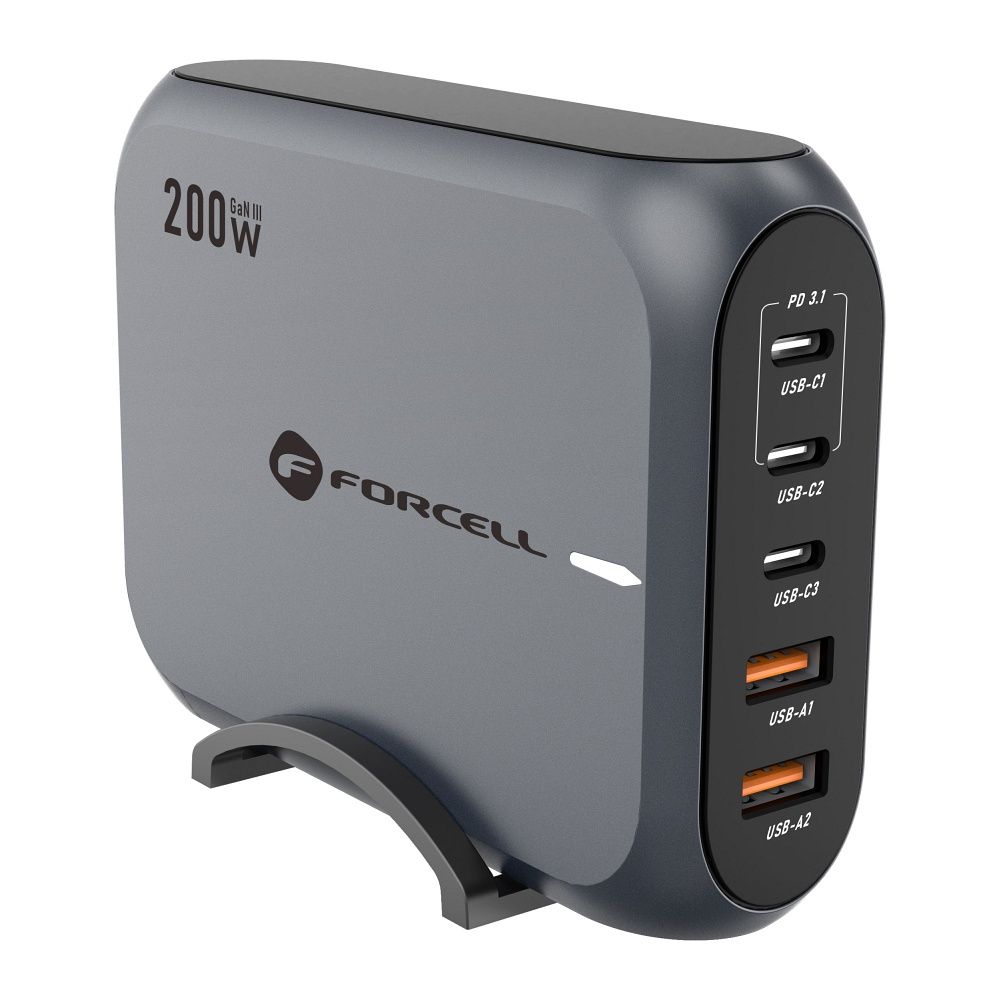 FORCELL F-ENERGY GaN III VT-51 desktop charger 3 x Typ C + 2 x USB A PD QC4.0 SFC2.0 5A 200W gray