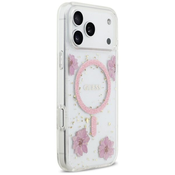 GUESS case for IPHONE 17 Pro Max compatible with MagSafe GUHMP17XRBFGFGMP (Resin Flowers and Glitter) pink