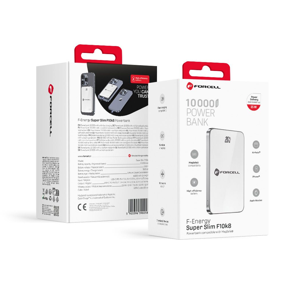 c604ea17342a29165bfdf81afe42bac9 Powerbank compatible withMagSafe Forcell F-Energy SuperSlim F10K8 QC4.0 PD3.0 15W 10000 mAh white