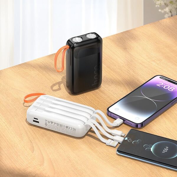 c6b920bdf75e9801aa7ef9a313d9bc33 Powerbank Hoco 10000 mAh with built-in cables USB A + USB C+ Lightning + Micro USB and double light J151 black