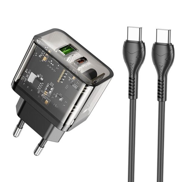 HOCO wall charger USB A + Type C + cable Type C to Type C PD QC3.0 3A 20W N34 transparnent