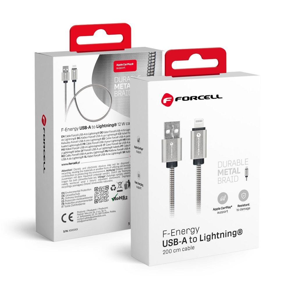 FORCELL F-ENERGY Metal C236 cable USB A to Lightning 2,4A 12W 2 m silver