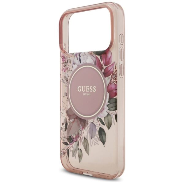 GUESS case for IPHONE 17 Pro Max compatible with MagSafe GUHMP17XHFWBRCESP (IML Flowers with Pearl Strap) pink