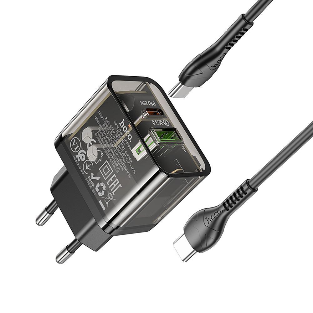 HOCO wall charger USB A + Type C + cable Type C to Type C PD QC3.0 3A 20W N34 transparnent