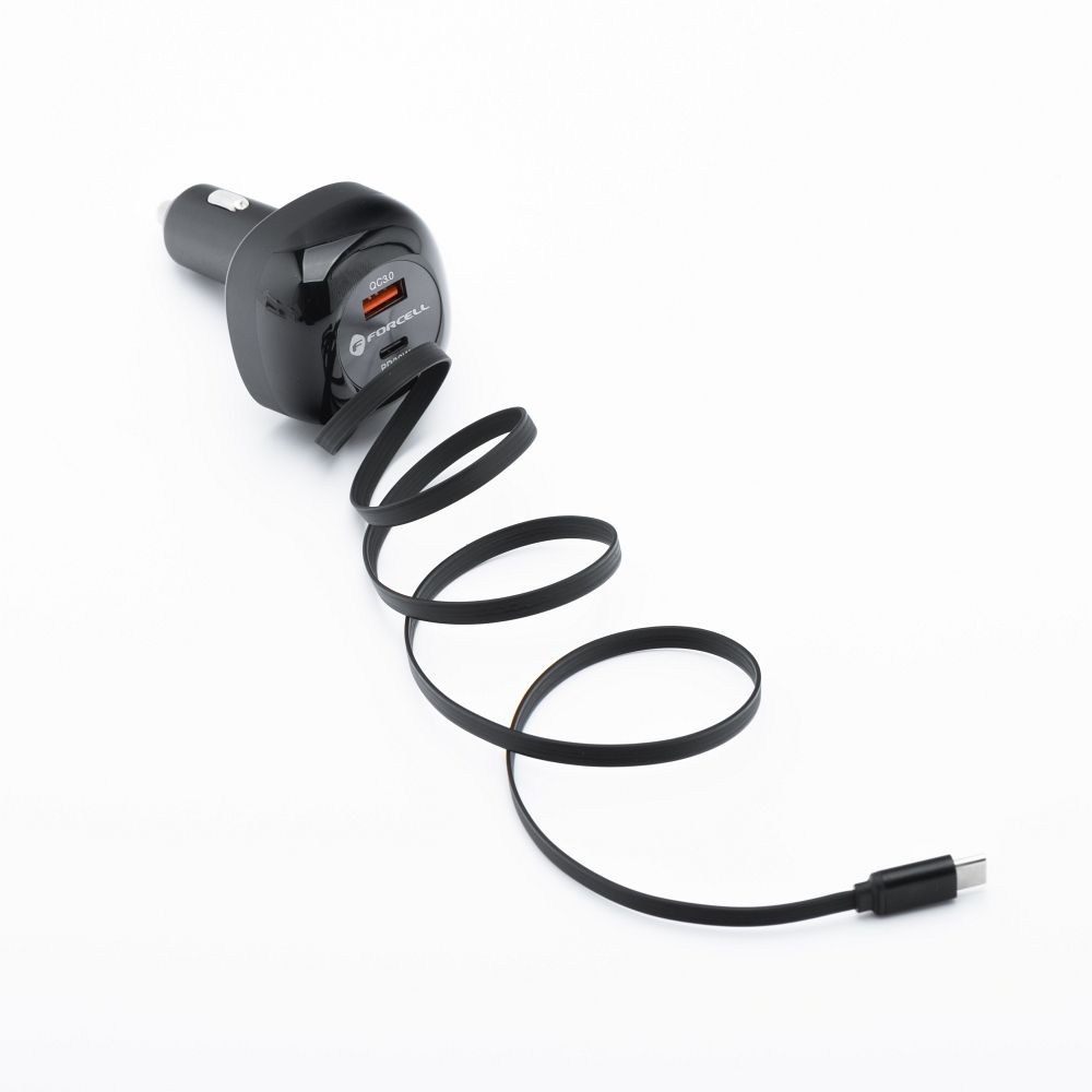 FORCELL F-ENERGY Alu car charger with retractable cable Type C and Type C + USB A sockets PD QC4.0 SFC2.0 3A 75W black