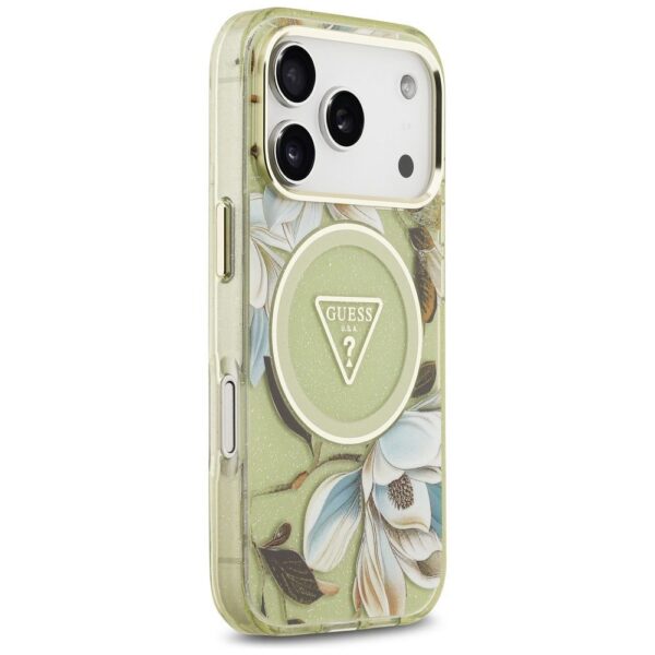 d249f0ea6baa2c5fa3ef2e9c9f15aad1 GUESS case for IPHONE 17 Pro compatible with MagSafe GUHMP17LHFLPEDN (IML Metal Glitter Flowers Triangle) green