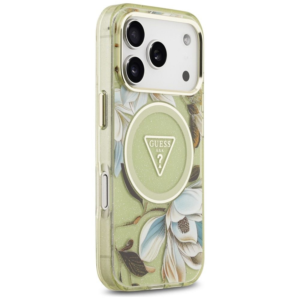 d249f0ea6baa2c5fa3ef2e9c9f15aad1 GUESS case for IPHONE 17 Pro compatible with MagSafe GUHMP17LHFLPEDN (IML Metal Glitter Flowers Triangle) green