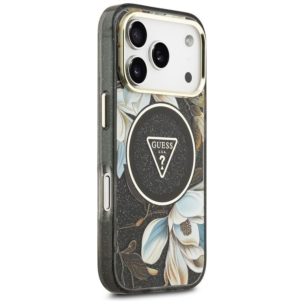 deb25c47207bbe4eea2a6fe88a5771b0 GUESS case for IPHONE 17 Pro compatible with MagSafe GUHMP17LHFLPEDK (IML Metal Glitter Flowers Triangle) black
