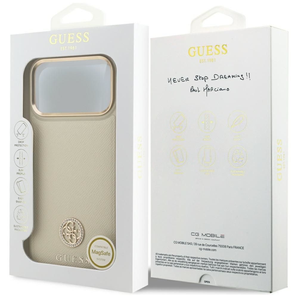 e0bcc0500e3cc0aca1d03cc009b3ae21 GUESS case for IPHONE 17 Pro Max compatible with MagSafe GUHMP17XPGCRMDEE (PU W/ Grained Strass Logo) beige