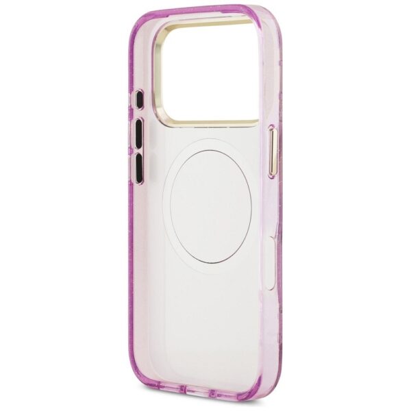 GUESS case for IPHONE 17 Pro compatible with MagSafe GUHMP17LHFLPEDU (IML Metal Glitter Flowers Triangle) purple