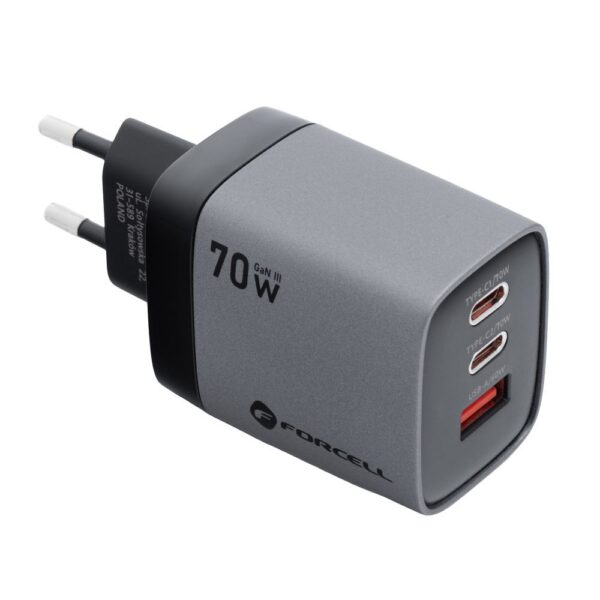 FORCELL F-ENERGY GaN III VT-37 travel charger with display LCD 2 x Type C + USB A PD QC4.0 SAM SFC2.0 3,45A 70W gray