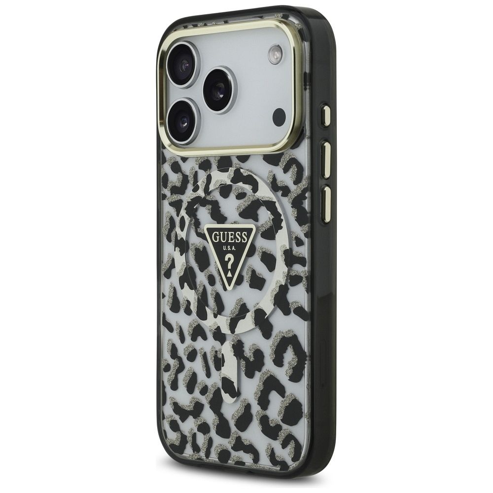 GUESS case for IPHONE 17 Pro Max compatible with MagSafe GUHMP17XHLEGTGLK (PC TPU W/ Leopard Glitter) black