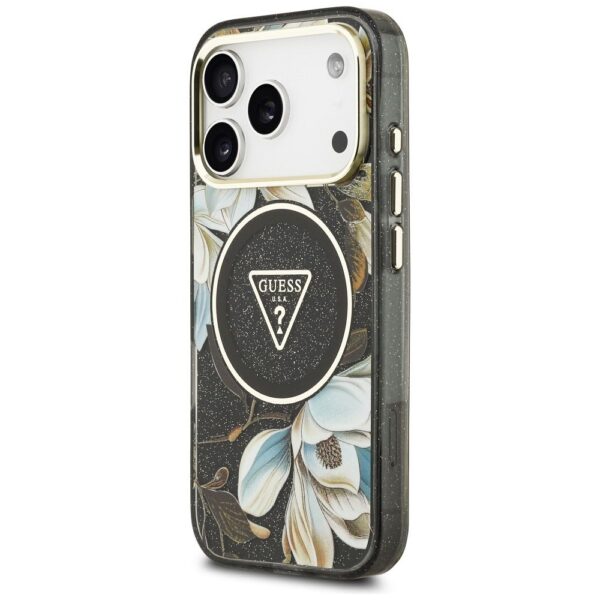 GUESS case for IPHONE 17 Pro compatible with MagSafe GUHMP17LHFLPEDK (IML Metal Glitter Flowers Triangle) black