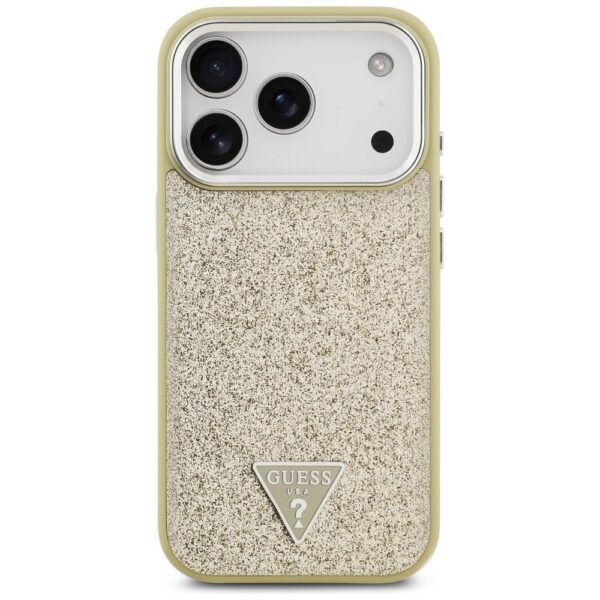 e9897e6e131b952322c7d00dee8531f7 GUESS case for IPHONE 17 Pro compatible with MagSafe GUHMP17LPFGTSCMD (PU Glitter W/ Triangle Logo) gold