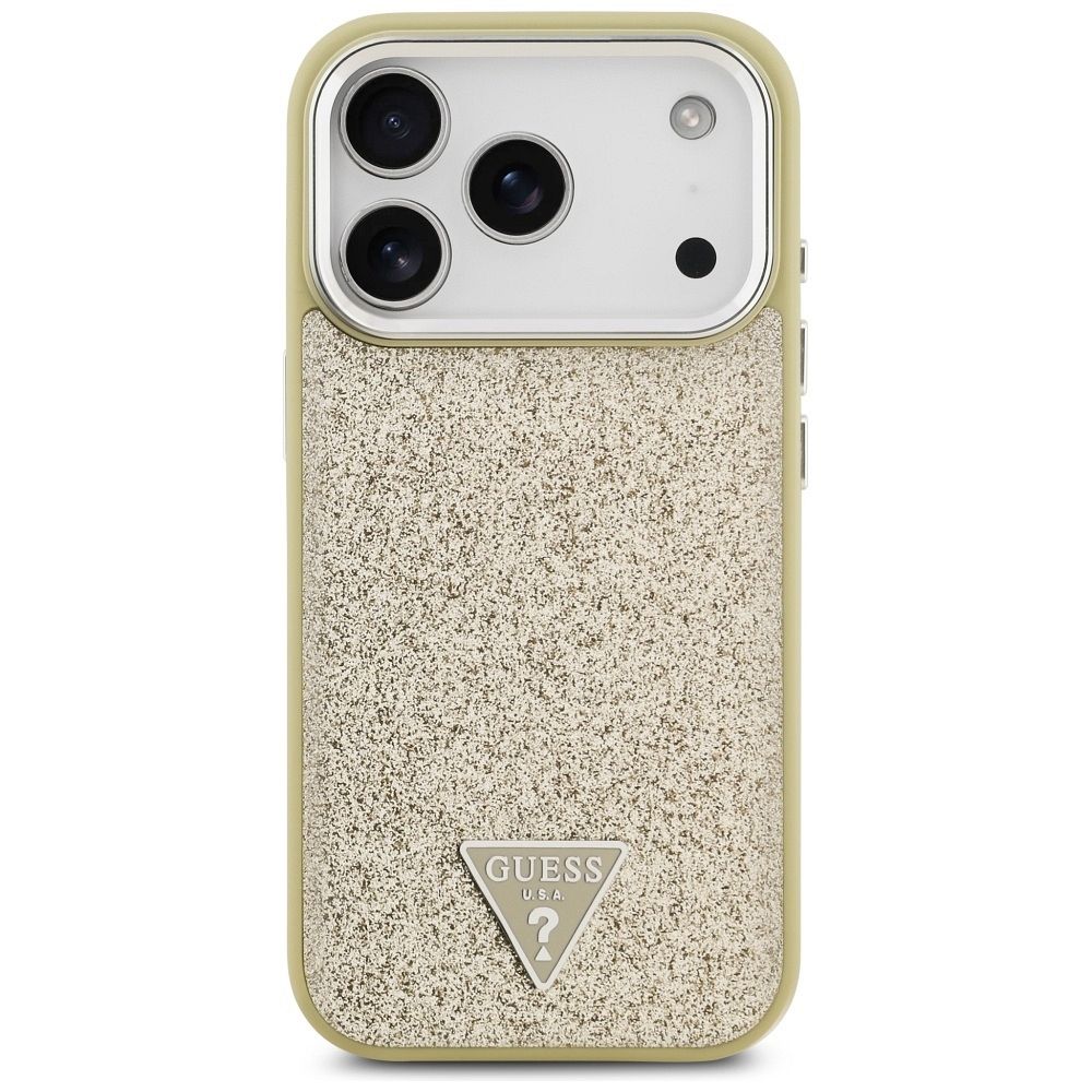 e9897e6e131b952322c7d00dee8531f7 GUESS case for IPHONE 17 Pro compatible with MagSafe GUHMP17LPFGTSCMD (PU Glitter W/ Triangle Logo) gold