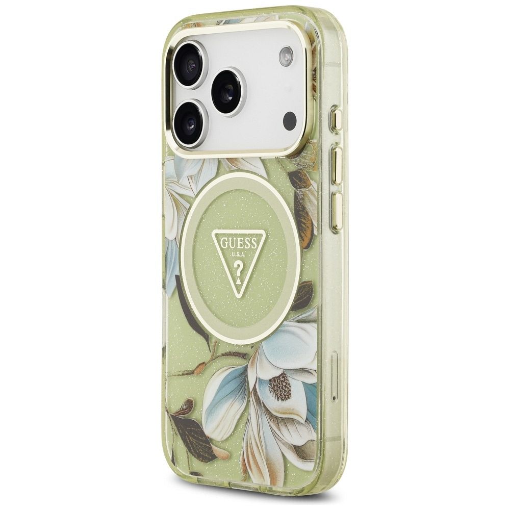 e9acb5037383e45c952f3f396a0595fd GUESS case for IPHONE 17 Pro compatible with MagSafe GUHMP17LHFLPEDN (IML Metal Glitter Flowers Triangle) green