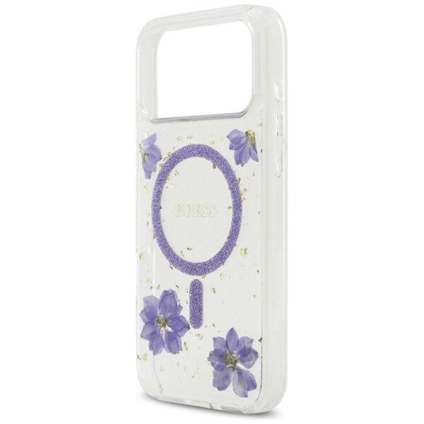 GUESS case for IPHONE 17 Pro Max compatible with MagSafe GUHMP17XRBFGFGMU (Resin Flowers and Glitter) purple