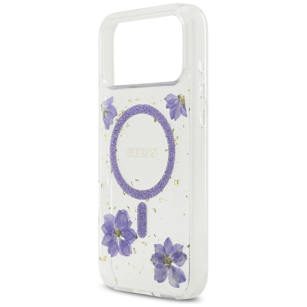 ead17d9f48b4ed52dd73b552503942d6 GUESS case for IPHONE 17 Pro Max compatible with MagSafe GUHMP17XRBFGFGMU (Resin Flowers and Glitter) purple
