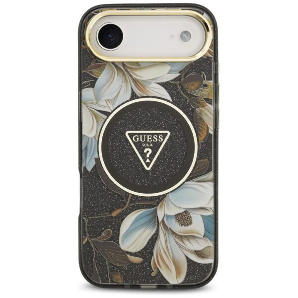 GUESS case for IPHONE 17 Air compatible with MagSafe GUHMP17MHFLPEDK (IML Metal Glitter Flowers Triangle) black