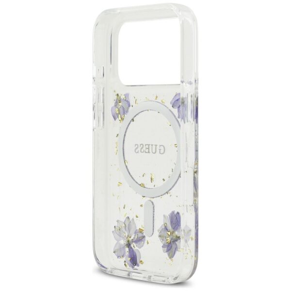 GUESS case for IPHONE 17 Pro compatible with MagSafe GUHMP17LRBFGFGMU (Resin Flowers and Glitter) purple
